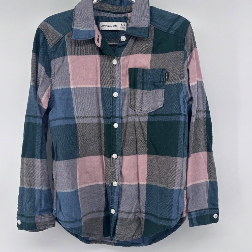 Abercrombie Kids Flannel Plaid Shirt Girls Green Pink Blue 5 / 6 Long Sleeve